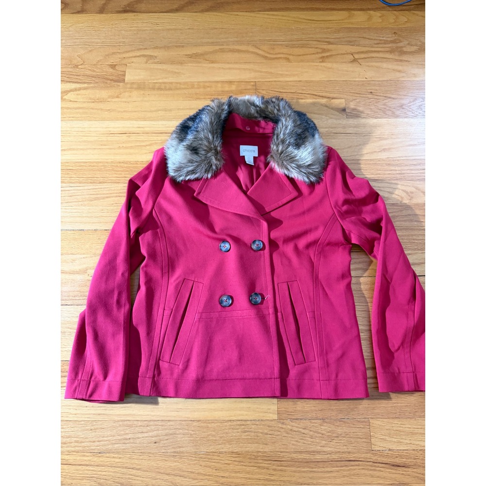 Chicos Red Double Breasted Pea Coat Removable Faux Fur Collar Size 0 S